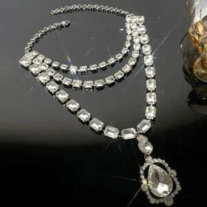 Crystal Rhinestone Heart Gemstone Collar Necklace for Women Sparkly Silver